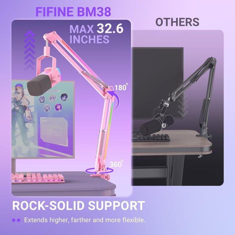 FIFINE Microphone Boom Arm, Metal Adjustable Mic Arm Stand with RGB Button, 3/8” to 5/8” Screw Adapter, Desk Mount Clamp, Suspension Scissor Mic Stand for Gaming Streaming Podcast-AmpliGame BM38P - Image 3